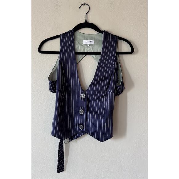 Alchemy London Backless Vest Women’s Striped Waistcoat Sexy Open Back Blue - Picture 1 of 5